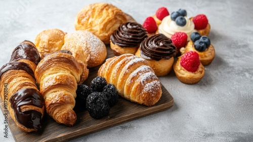 Wallpaper Mural A delightful assortment of baked pastries, including croissants and cream-filled treats topped with berries, presented on a textured surface. Torontodigital.ca
