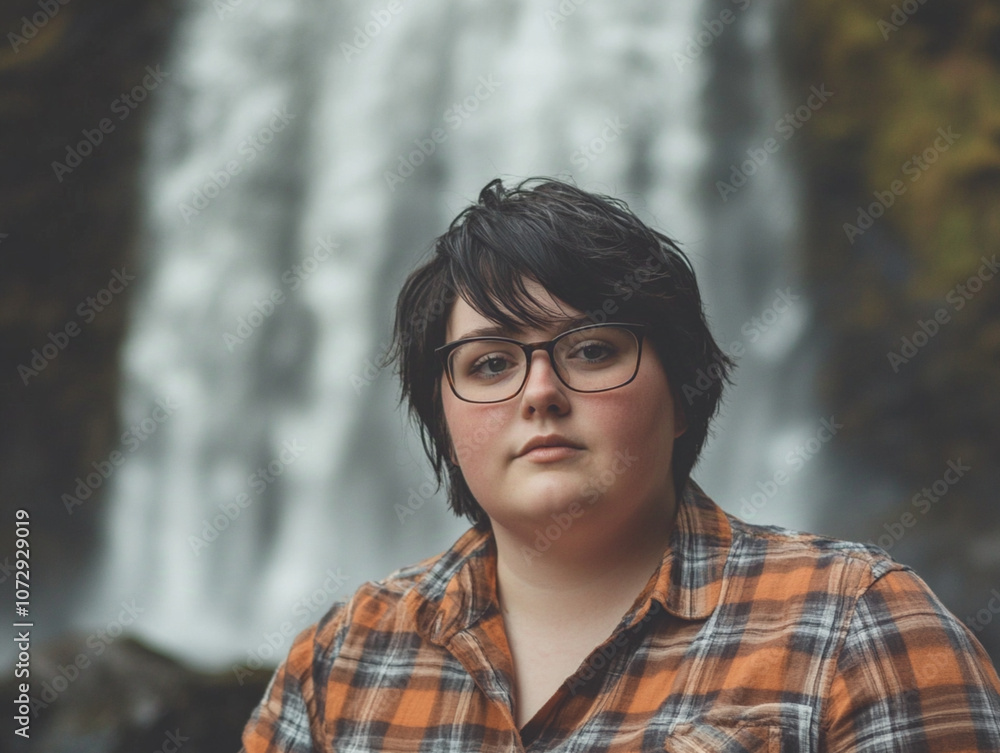 A photograph of an overweight woman with short black hair and glasses, wearing a plaid shirt in front of a waterfall, in her 20s. A photograph of an overweight woman with short black hair and glasses, wearing a plaid shirt in front of a waterfall, in her 20s.