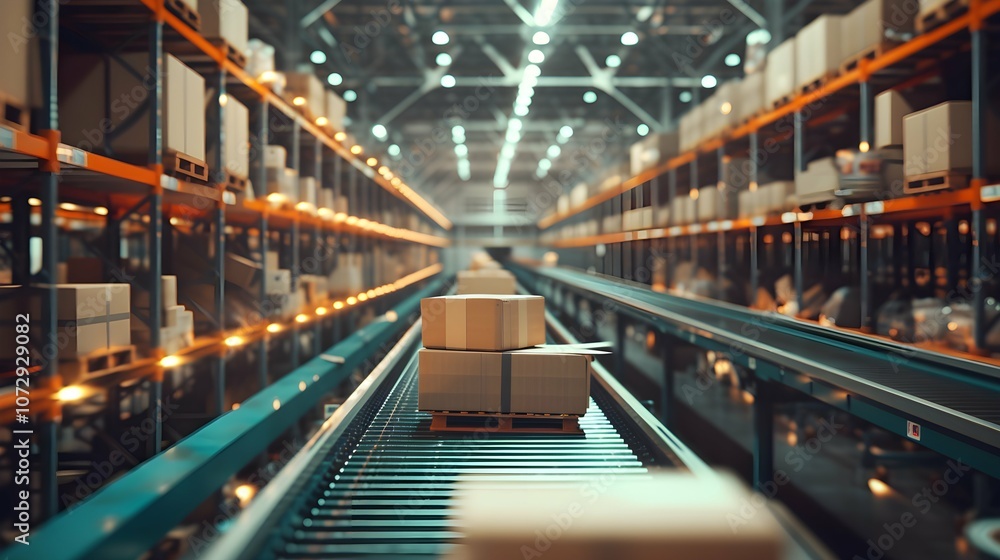 Closeup of multiple cardboard box packages seamlessly moving along a conveyor belt in a warehouse fulfillment center, a snapshot of e-commerce, delivery, automation and products. Closeup of multiple cardboard box packages seamlessly moving along a conveyor belt in a warehouse fulfillment center, a snapshot of e-commerce, delivery, automation and products.