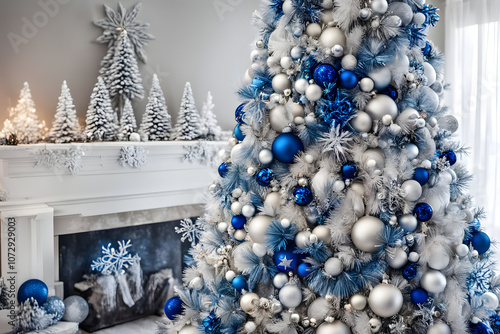 White and blue christmas tree decorated with silver ornaments and tinsel, AI Generated