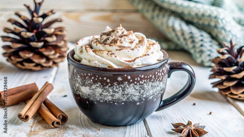A warm mug of hot chocolate topped with fluffy whipped cream and dusted with cinnamon, a cozy winter treat. A warm mug of hot chocolate topped with fluffy whipped cream and dusted with cinnamon, a cozy winter treat.