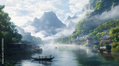 The peaceful beauty of Mount Zili, Hunan, China, with mist-covered peaks and lush rolling hills, a tranquil river running through the valley, and local fishermen on wooden boats photo