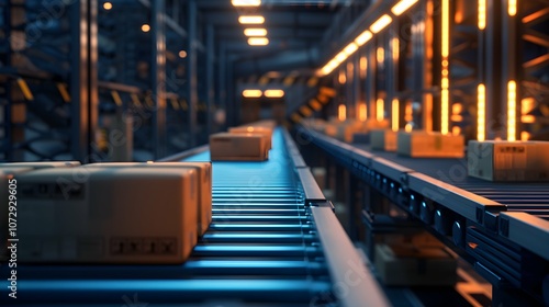 Closeup of multiple cardboard box packages seamlessly moving along a conveyor belt in a warehouse fulfillment center, a snapshot of e-commerce, delivery, automation and products.