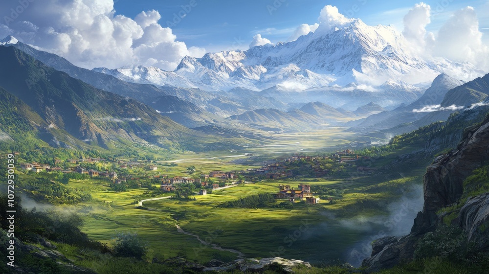 Fototapeta premium A peaceful view of the Tibetan Plateau, China, with vast grassy valleys, towering snow-capped mountains in the distance, and traditional Tibetan villages dotted along the plains