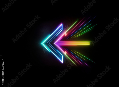 A glowing neon arrow points left, with multiple colorful rays emanating from the center of the arrow.