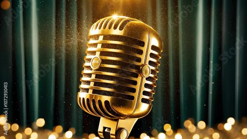 Vintage Golden Microphone on Stage with Curtains photo