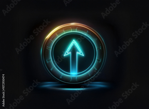 A glowing blue arrow points upwards inside a golden circle against a dark background. The arrow is surrounded by a blue ring that gives the illusion of depth.