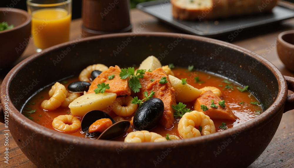 Hearty seafood stew with shrimp, potatoes, and mussels in clay bowl Hearty seafood stew with shrimp, potatoes, and mussels in clay bowl