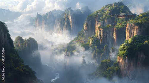 The imposing Mount Wuyi, Fujian, China, with rugged cliffs and dense forest, mist rising from the valleys below, and the Wuyi River flowing through the base of the mountains
