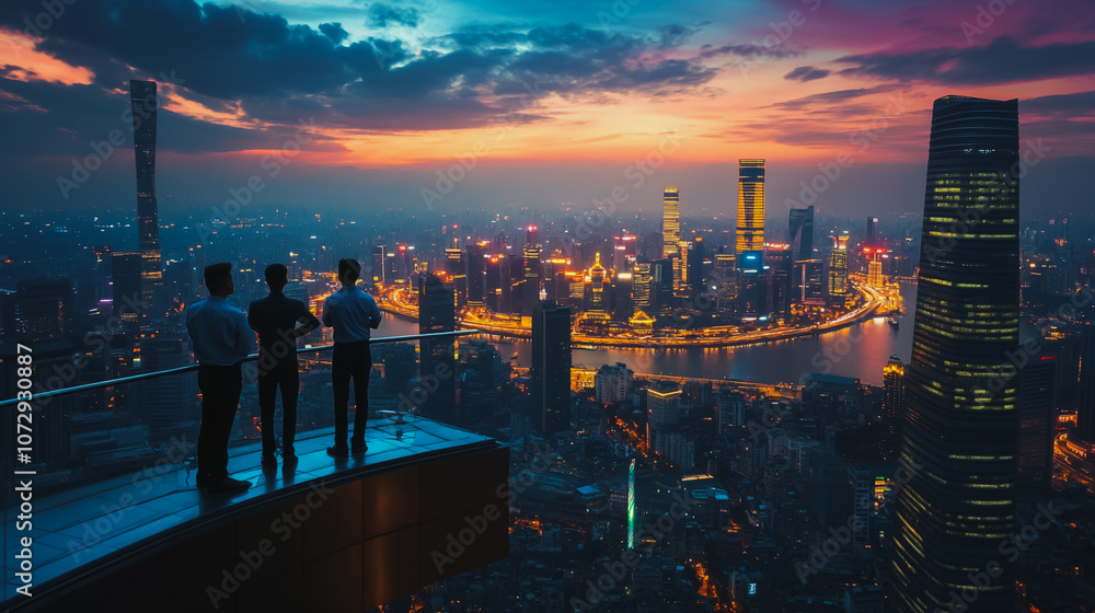 Abstract business team stands on the peak of success amid tall, innovative Smart city and graphs with statistics to analyze business potential and predict future developments in company growth.
Abstract business team stands on the peak of success amid tall, innovative Smart city and graphs with statistics to analyze business potential and predict future developments in company growth.