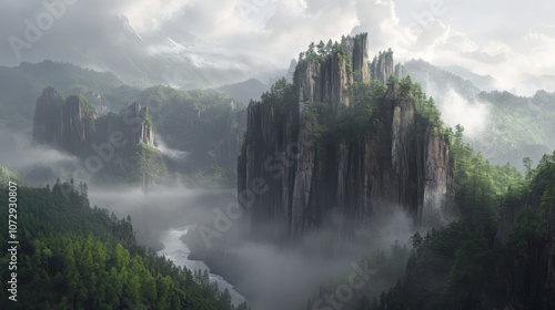 The imposing Mount Wuyi, Fujian, China, with rugged cliffs and dense forest, mist rising from the valleys below, and the Wuyi River flowing through the base of the mountains