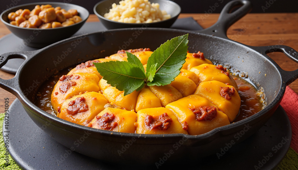 Persian saffron rice cake with meat and tomatoes in cast iron pan Persian saffron rice cake with meat and tomatoes in cast iron pan