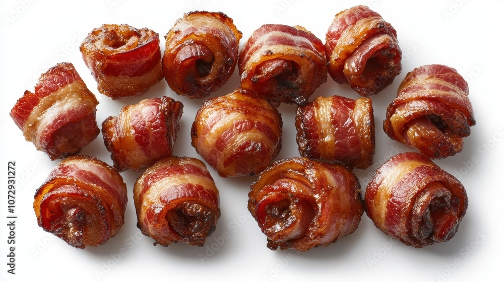 Deliciously crispy bacon rolls arranged on a clean white plate ready to be served at a summer barbecue gathering Deliciously crispy bacon rolls arranged on a clean white plate ready to be served at a summer barbecue gathering