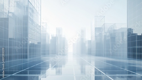 Futuristic cityscape with wireframe buildings and light glow.