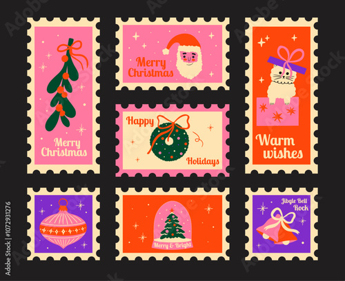 Merry Christmas vector post stamps sticker elements design set. Collection of cute groovy funky cartoon illustrations with winter holiday bow, Santa Claus, wreath, bells, xmas bauble, mistletoe