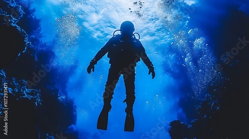 Wallpaper Mural A diver exploring underwater, surrounded by bubbles and coral formations. Torontodigital.ca