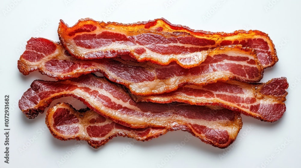 Crispy strips of savory bacon garnished on a bright surface, inviting breakfast flavor in a cozy morning kitchen setting Crispy strips of savory bacon garnished on a bright surface, inviting breakfast flavor in a cozy morning kitchen setting