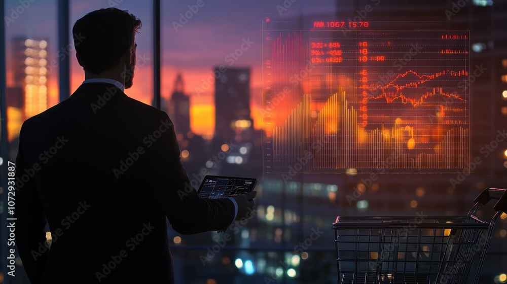 An innovative businessman analyzing market trends with a digital shopping cart while highlighting upward growth in a modern office setting during the evening An innovative businessman analyzing market trends with a digital shopping cart while highlighting upward growth in a modern office setting during the evening
