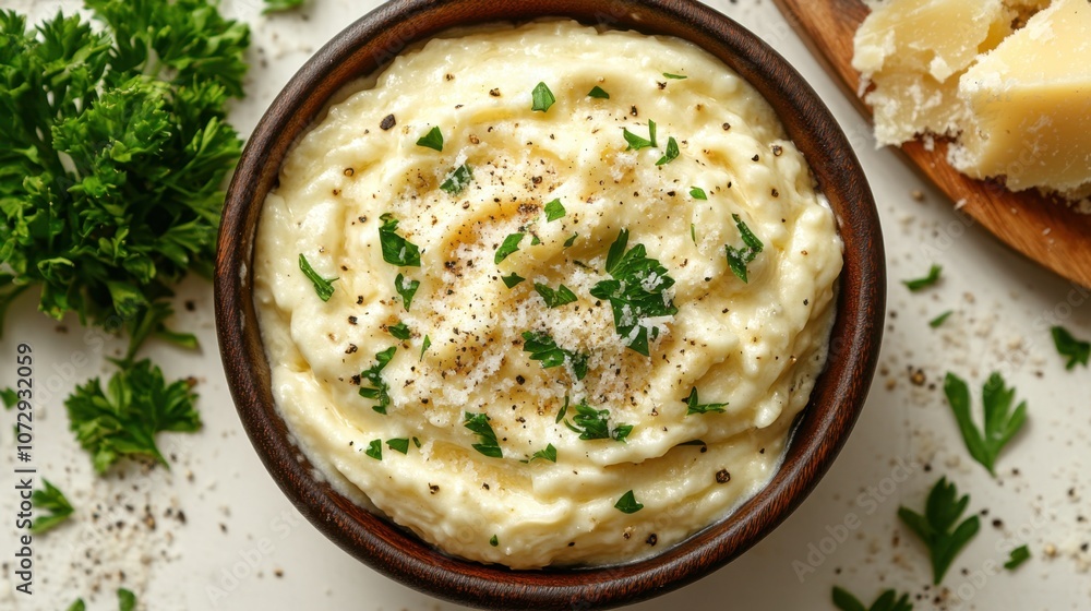 Creamy mashed potatoes with fresh herbs served in a rustic bowl on a cozy kitchen table Creamy mashed potatoes with fresh herbs served in a rustic bowl on a cozy kitchen table