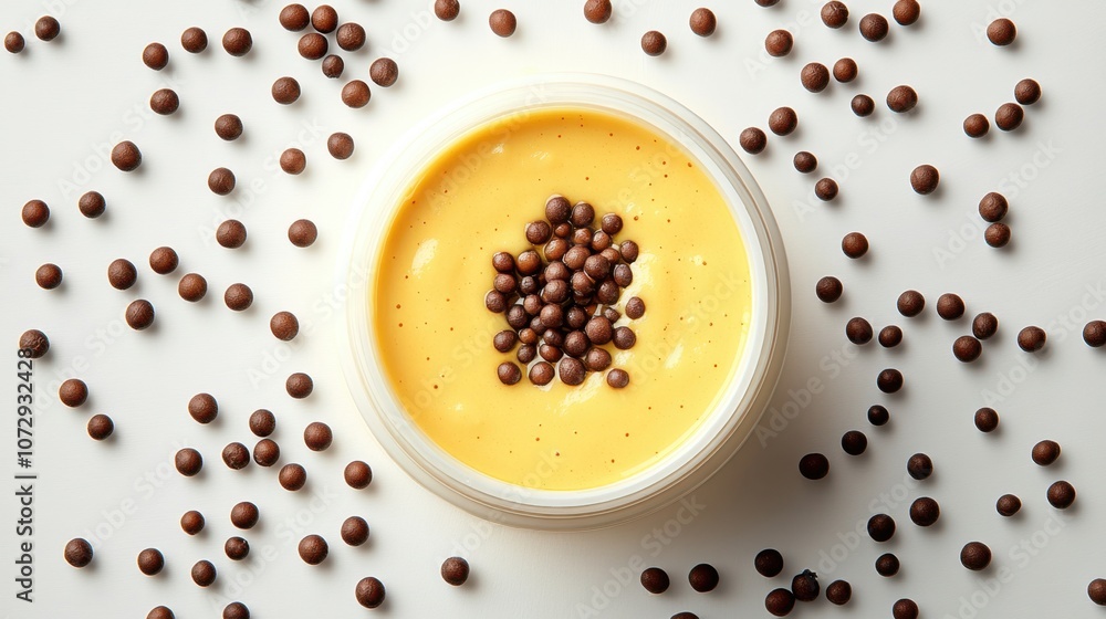 A vibrant yellow mustard topped with dark brown mustard seeds artfully arranged on a light background A vibrant yellow mustard topped with dark brown mustard seeds artfully arranged on a light background