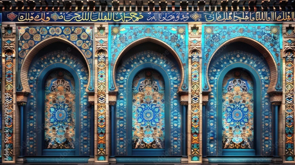 Obraz premium Ornate mosaic archway with Arabic calligraphy and intricate patterns.