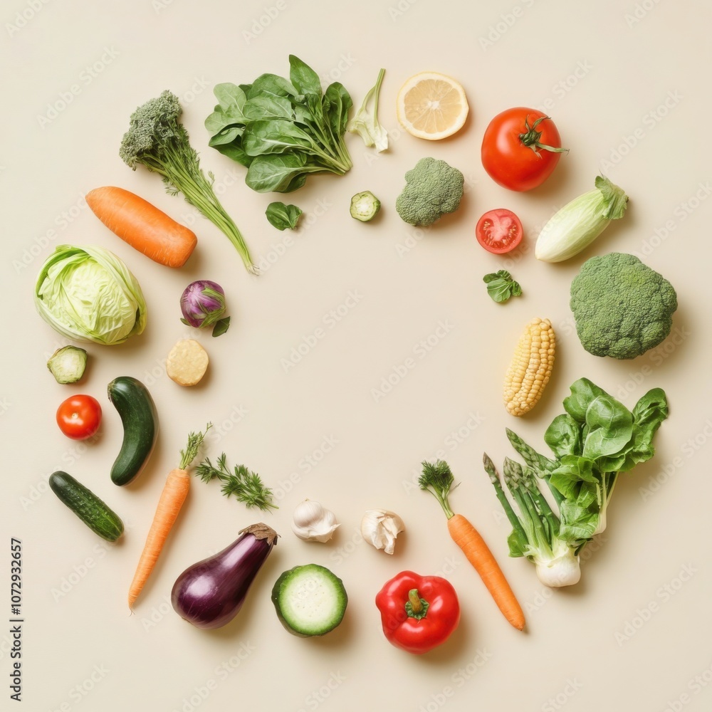 vegetables arranged in a circular pattern on a beige background