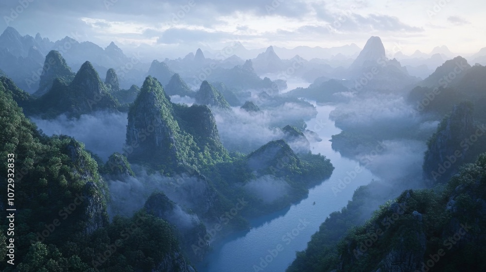 Obraz premium Stunning karst mountain formations of Guilin, China, at sunrise, with the Li River snaking through the valley, mist floating around sharp peaks and lush vegetation