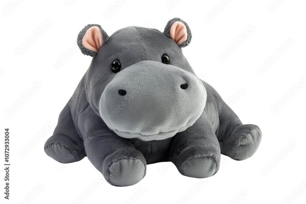 A cute, gray plush hippopotamus with large eyes and a friendly smile, isolated on transparent or white background A cute, gray plush hippopotamus with large eyes and a friendly smile, isolated on transparent or white background