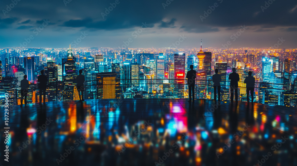 Obraz premium Abstract business team stands on the peak of success amid tall, innovative Smart city and graphs with statistics to analyze business potential and predict future developments in company growth.