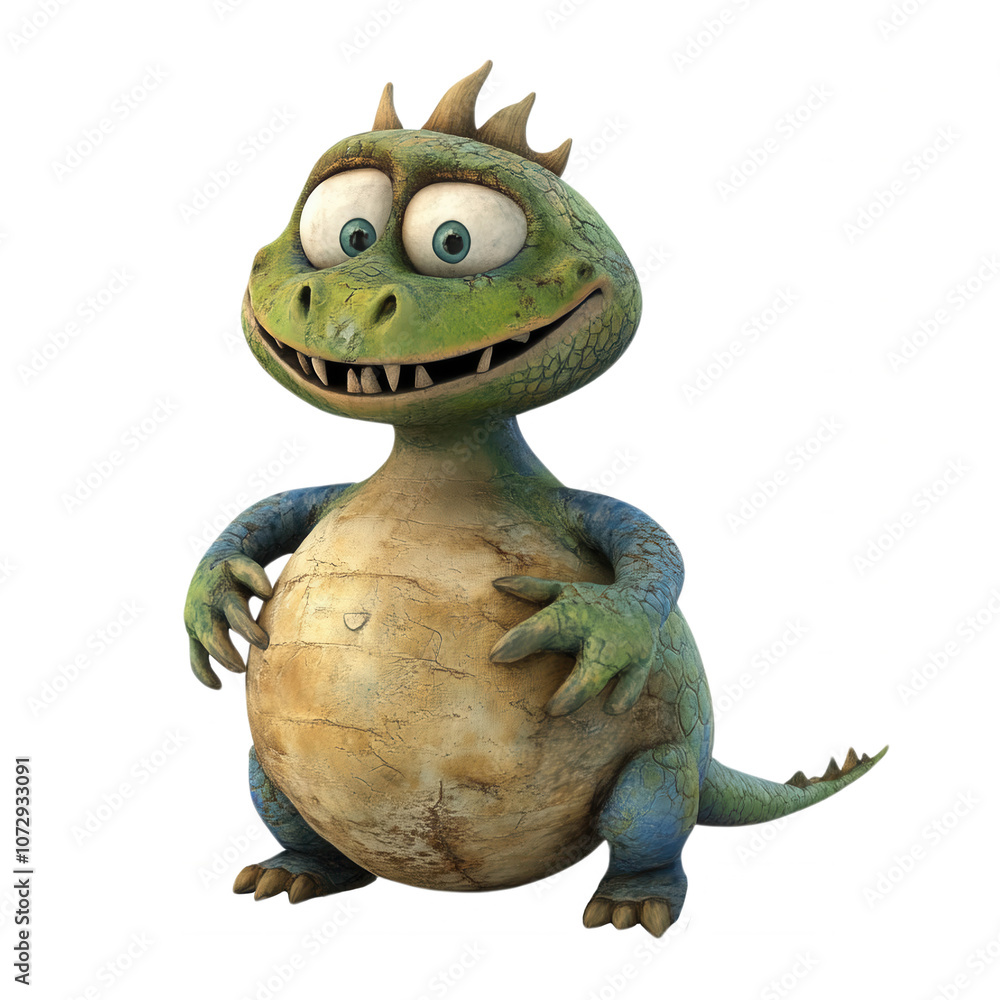 Obraz premium A friendly, cartoon-style green dragon with large eyes and a toothy grin, stands with his hands on his belly, isolated on transparent or white background