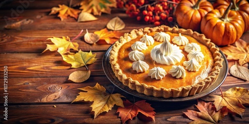 A Thanksgiving Pumpkin Pie with Whipped Cream Surrounded by Autumn Leaves on a Wooden Table