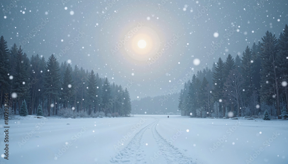 Snowy forest landscape at dusk with falling snow Snowy forest landscape at dusk with falling snow