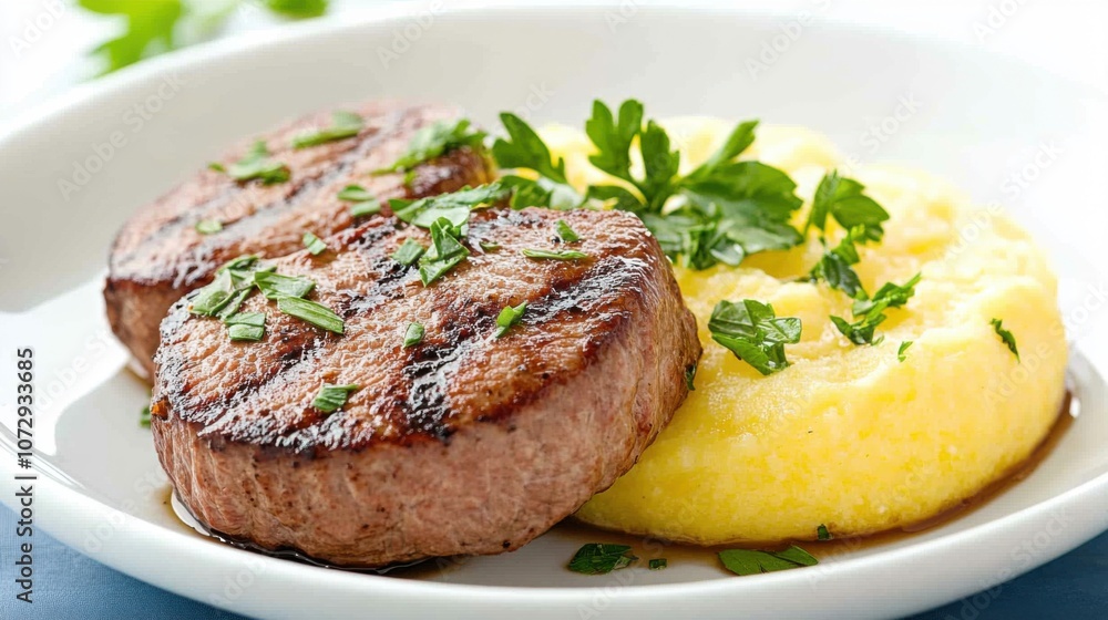 A delicious plate featuring two grilled beef patties served with creamy polenta and fresh parsley garnish. A delicious plate featuring two grilled beef patties served with creamy polenta and fresh parsley garnish.