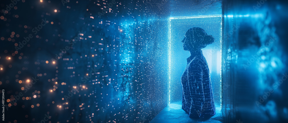 Fototapeta premium Silhouette of a person made of digital particles in a futuristic glowing portal.