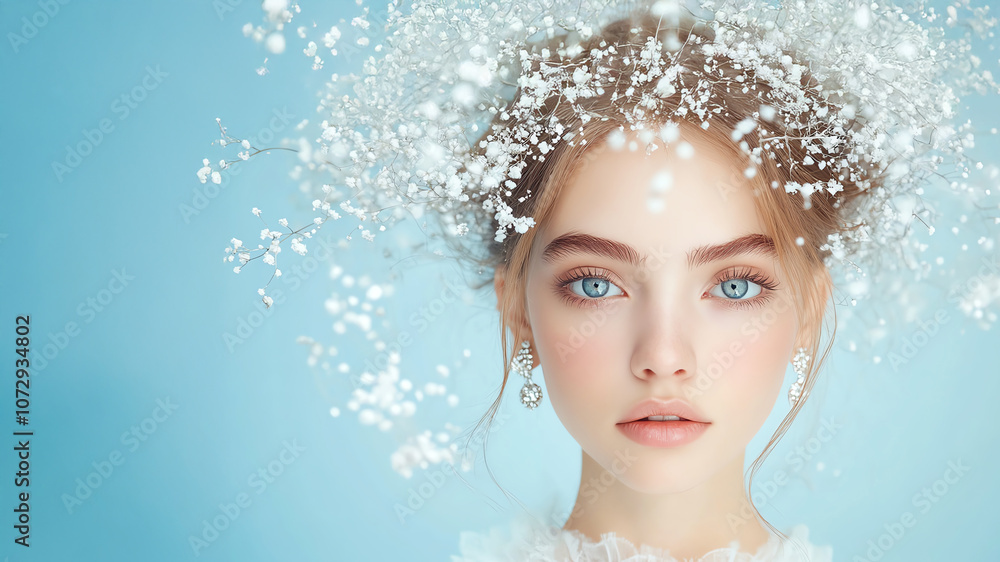 Elegant woman with floral headdress on blue background, ethereal portrait. Elegant woman with floral headdress on blue background, ethereal portrait.