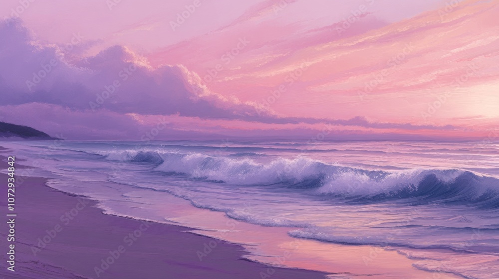 Obraz premium Serene beach at sunrise - Pink and purple skies with waves gently lapping