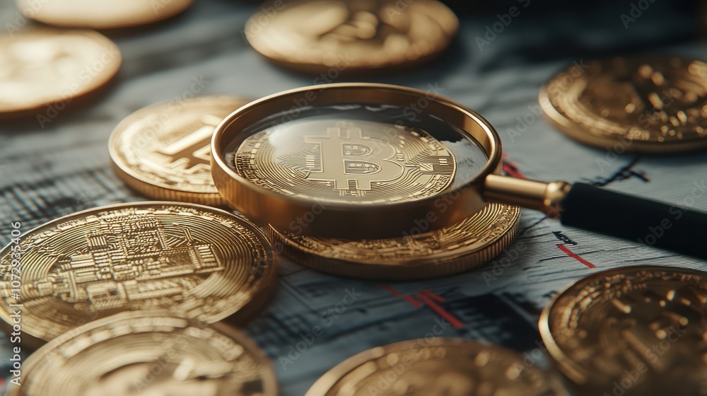 Close-up of gold bitcoins scattered on a financial graph with a magnifying glass. Close-up of gold bitcoins scattered on a financial graph with a magnifying glass.