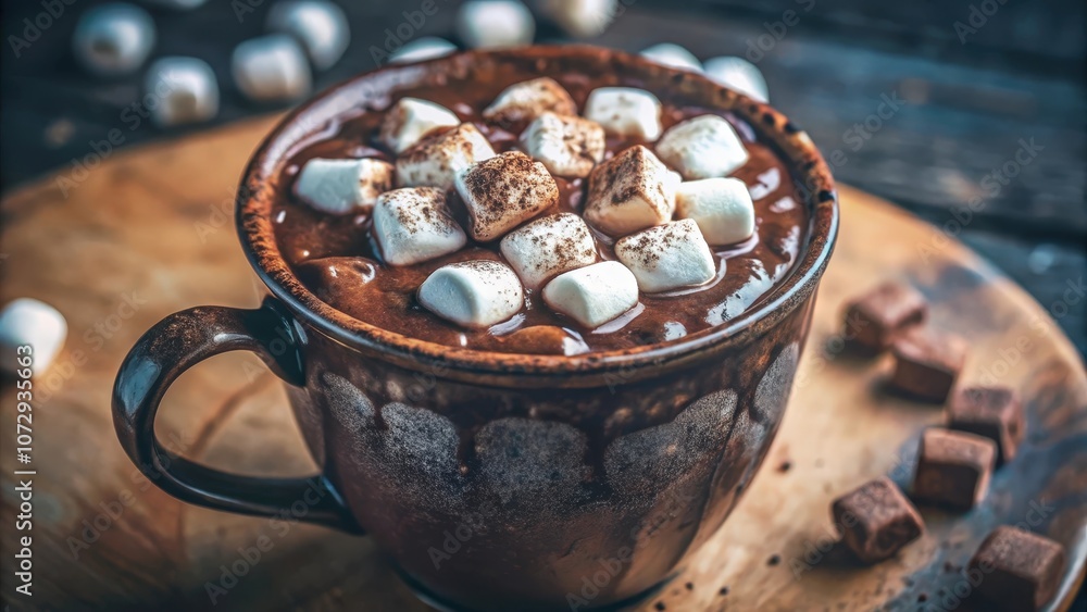 A steaming mug of rich hot chocolate topped with fluffy marshmallows, resting on a wooden board surrounded by squares of chocolate. A steaming mug of rich hot chocolate topped with fluffy marshmallows, resting on a wooden board surrounded by squares of chocolate.