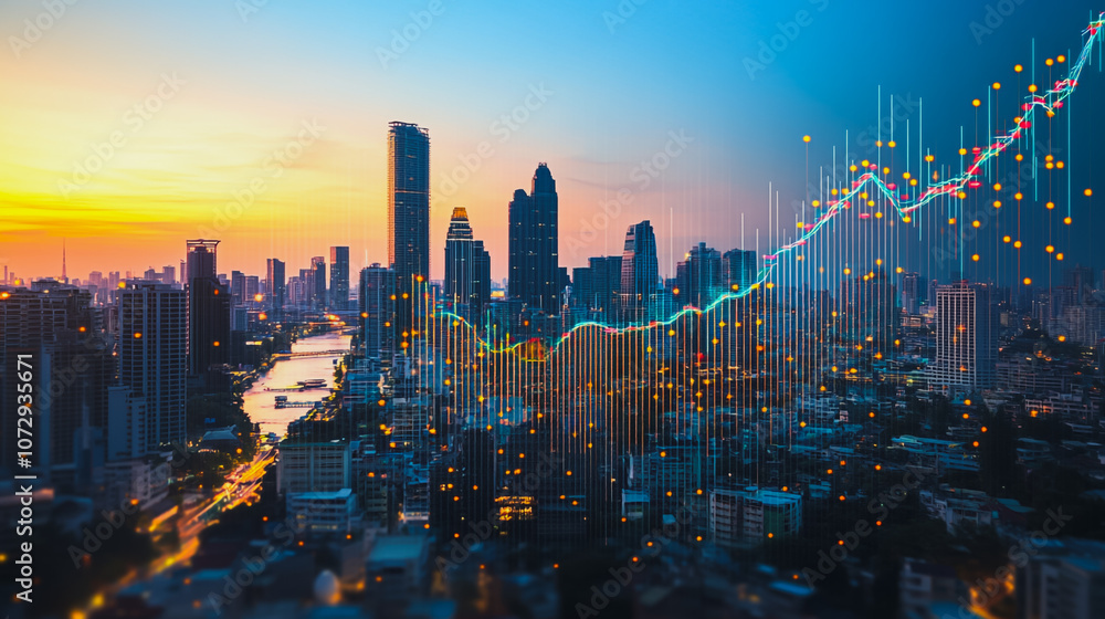 Obraz premium Abstract business team stands on the peak of success amid tall, innovative Smart city and graphs with statistics to analyze business potential and predict future developments in company growth.