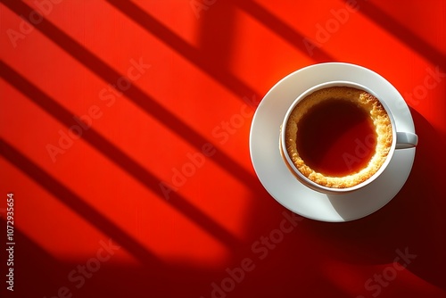 A cup of pudding sits on a vibrant red surface, illuminated by sunlight casting striking diagonal shadows. photo