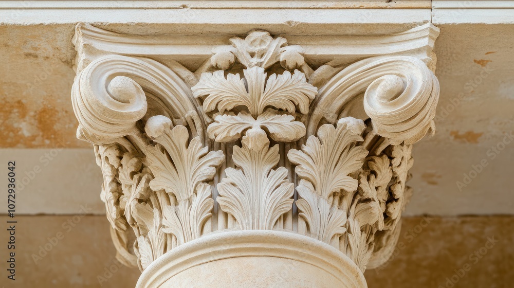Naklejka premium Corinthian order column capital showing intricate floral relief carving