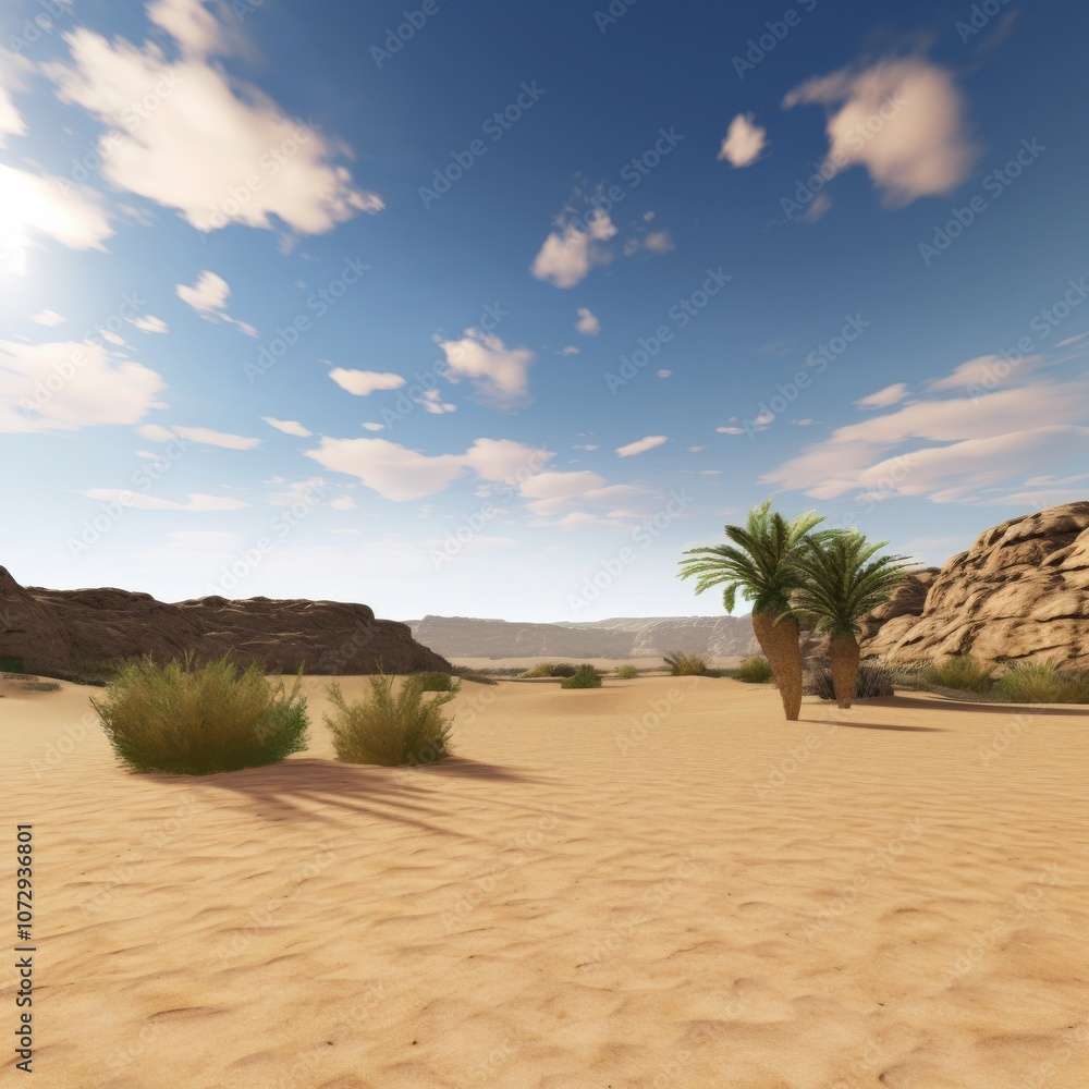 Desert landscape with palm trees and blue sky. Desert landscape with palm trees and blue sky.