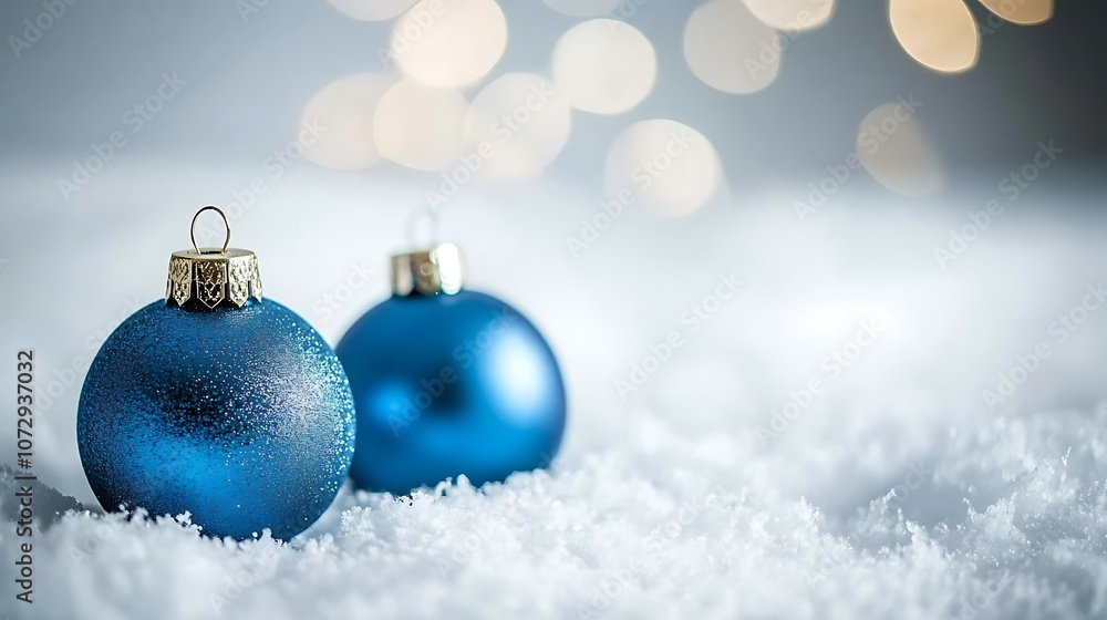 Two Blue Christmas Ornaments Resting in Snow Two Blue Christmas Ornaments Resting in Snow