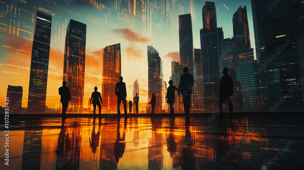 Abstract business team stands on the peak of success amid tall, innovative Smart city and graphs with statistics to analyze business potential and predict future developments in company growth.
Abstract business team stands on the peak of success amid tall, innovative Smart city and graphs with statistics to analyze business potential and predict future developments in company growth.