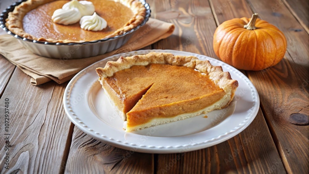 A slice of homemade pumpkin pie on a white plate with a whole pumpkin pie and a pumpkin in the background on a wooden table