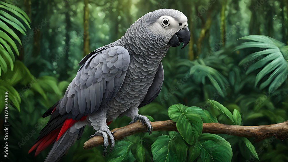 African grey parrot on a branch in lush jungle, Ai generated African grey parrot on a branch in lush jungle, Ai generated