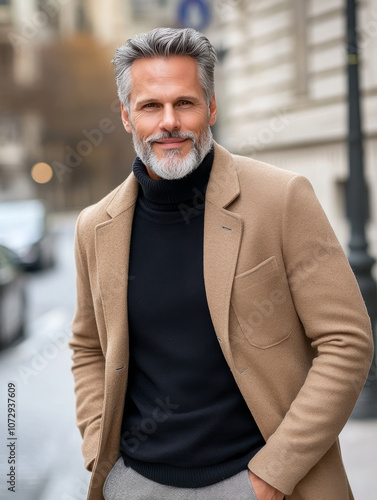 Elegant middle aged man in stylish coat and turtleneck, smiling confidently on city street. His gray hair and beard add to his sophisticated look