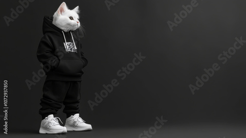 Urban feline streetwear features stylish cat in black hoodie and matching pants, showcasing trendy look with white sneakers against dark background