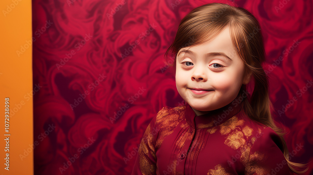 Portrait of smiling laughing girl child with Down syndrome cream red background. Portrait of smiling laughing girl child with Down syndrome cream red background.