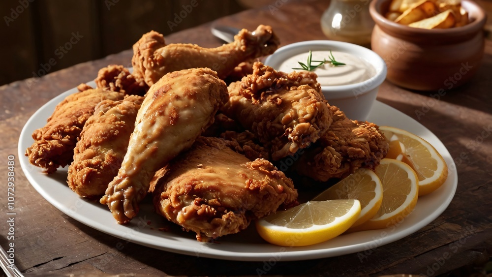 golden fried chicken pieces and thick, seasoned potato wedges golden fried chicken pieces and thick, seasoned potato wedges